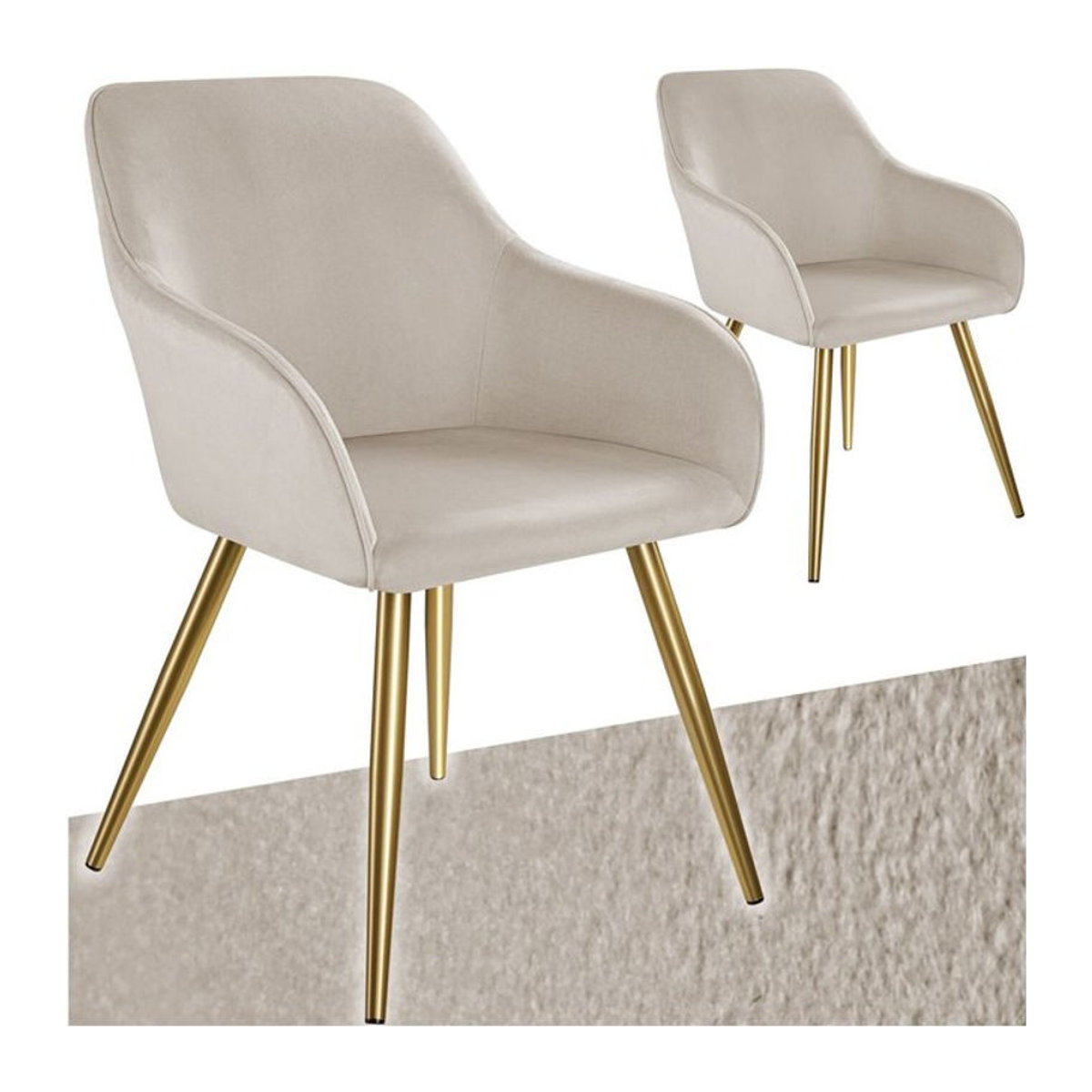 tectake Polsterstuhl in Samtoptik Beige mit Metallbeinen, B/T/H: 58 x 62 x 82 cm - Bild 1