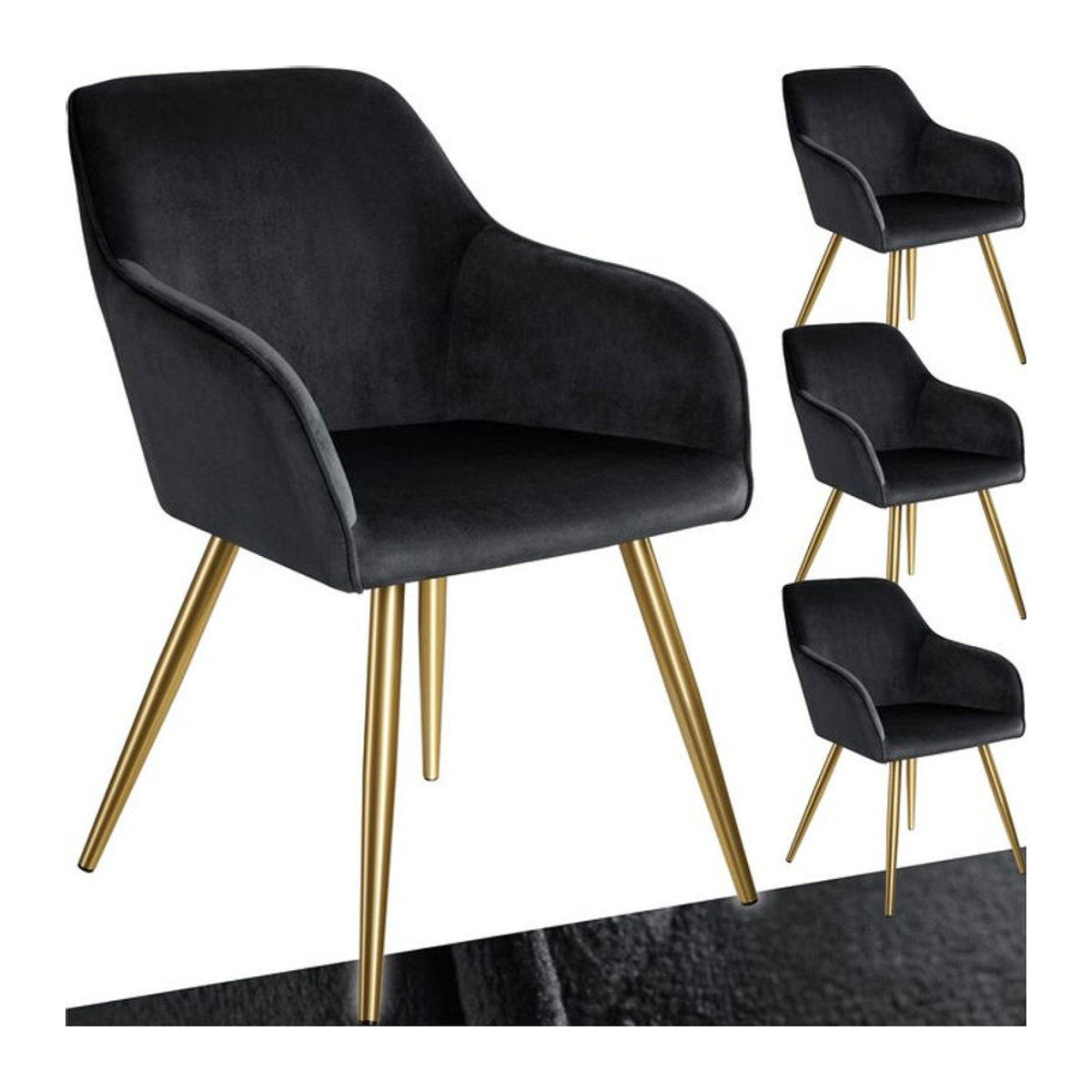 tectake Polsterstuhl in Samtoptik mit Metallbeinen, Schwarz, B: 58 cm, T: 62 cm, H: 82 cm - Bild 1