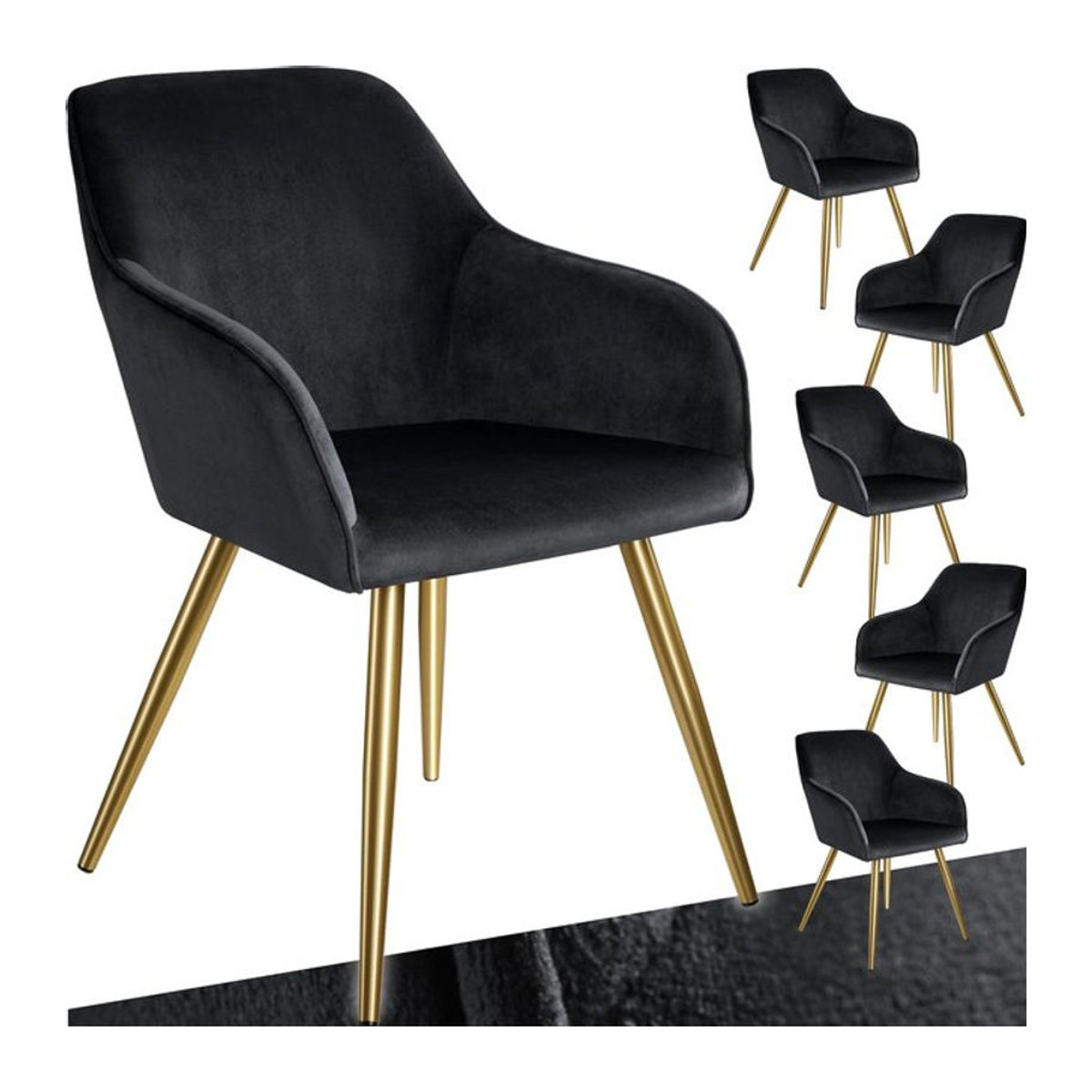 tectake Polsterstuhl in Samtoptik mit Metallbeinen, Schwarz, B/T/H: 58 x 62 x 82 cm - Bild 1