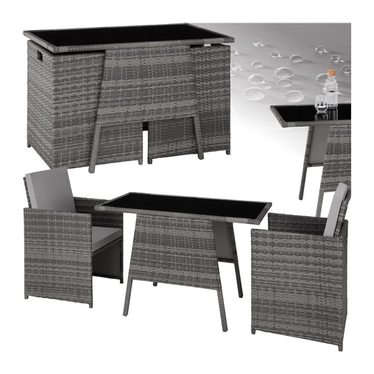 tectake Polyrattan Gartenmöbel-Set für 2 Personen in Grau, UV-beständig und zusammenschiebbar - Bild 1