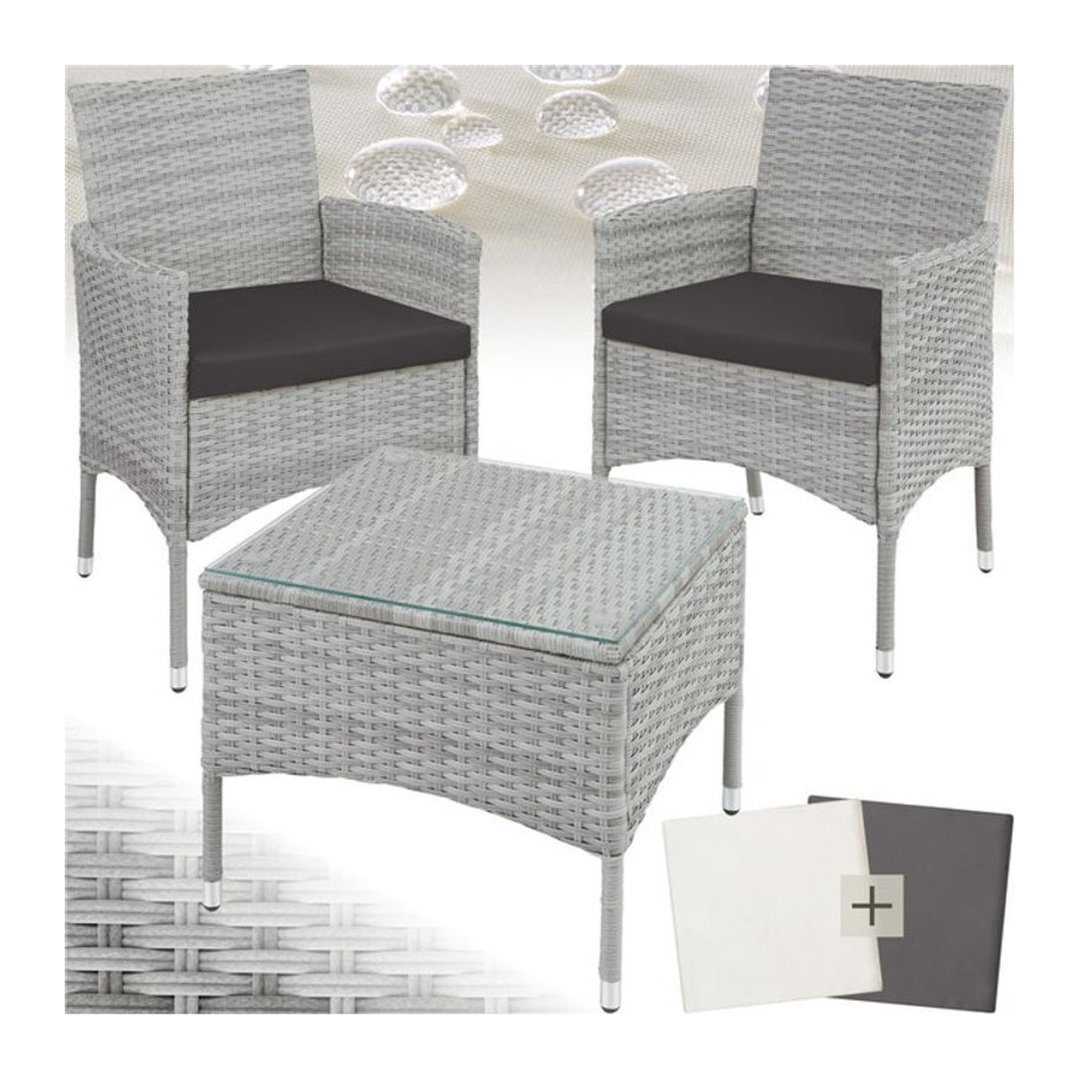 tectake Polyrattan Gartenmöbel-Set für 2 Personen mit Glastisch in Grau - Bild 1