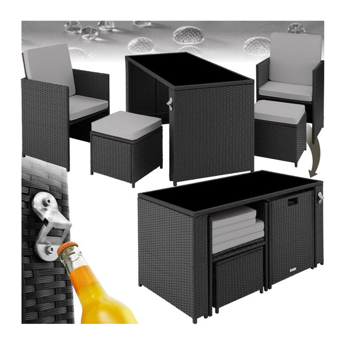 tectake Polyrattan Gartenmöbel-Set in Anthrazit für 2 bis 4 Personen mit Flaschenöffner und zusammenschiebbarer Sitzgruppe - Bild 1