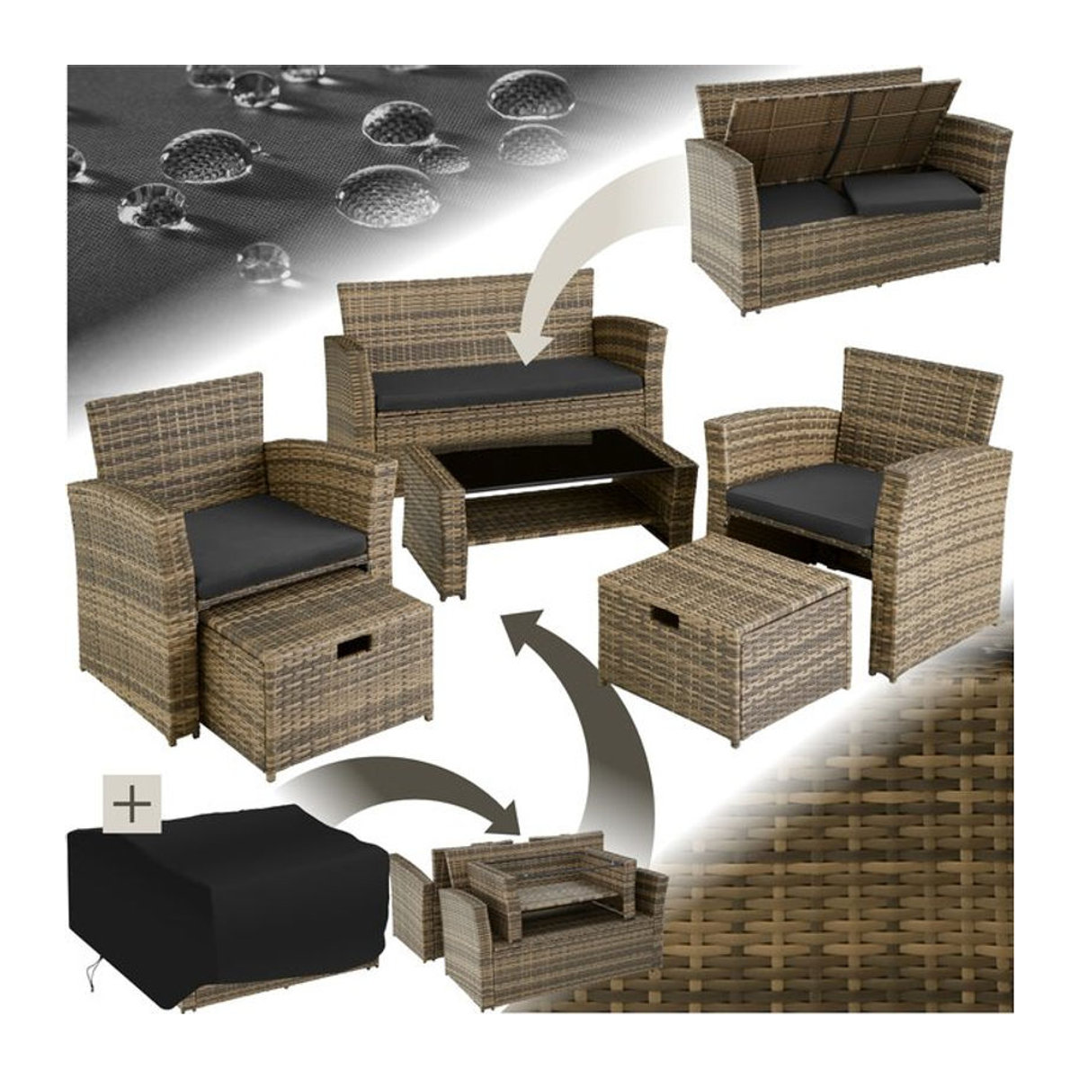 tectake Polyrattan Gartenmöbel-Set in Braun für 4 bis 6 Personen mit Staufach und Schutzhülle - Bild 1