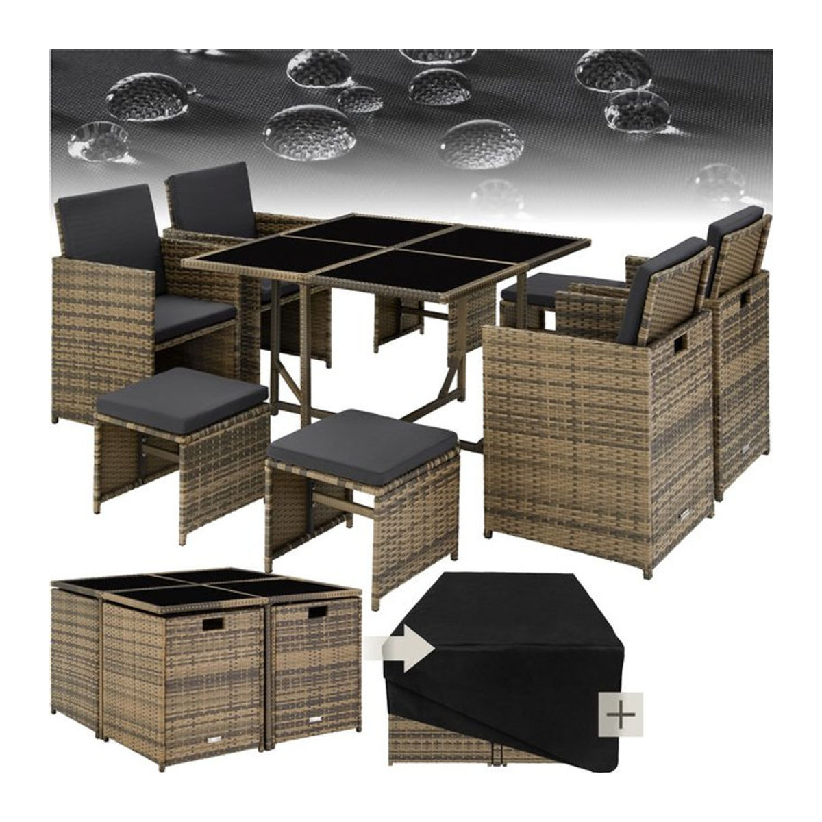 tectake Polyrattan Gartenmöbel-Set in Braun für 4 bis 8 Personen mit Schutzhülle - Bild 1