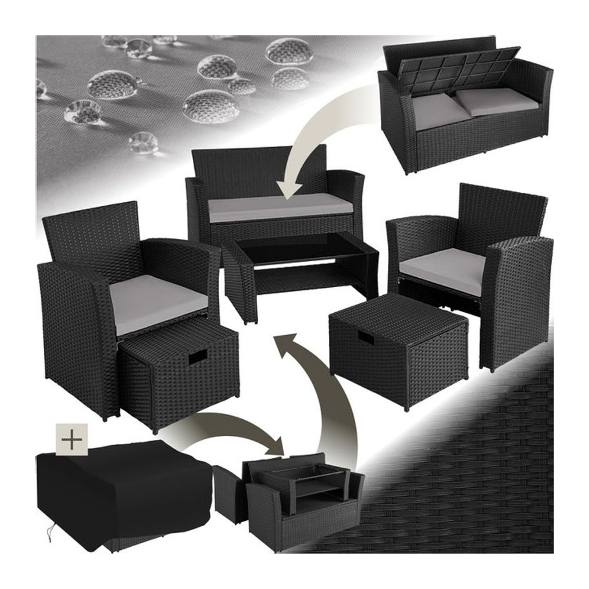 tectake Polyrattan Gartenmöbel-Set in Schwarz für 4 bis 6 Personen mit Staufach und Schutzhülle - Bild 1