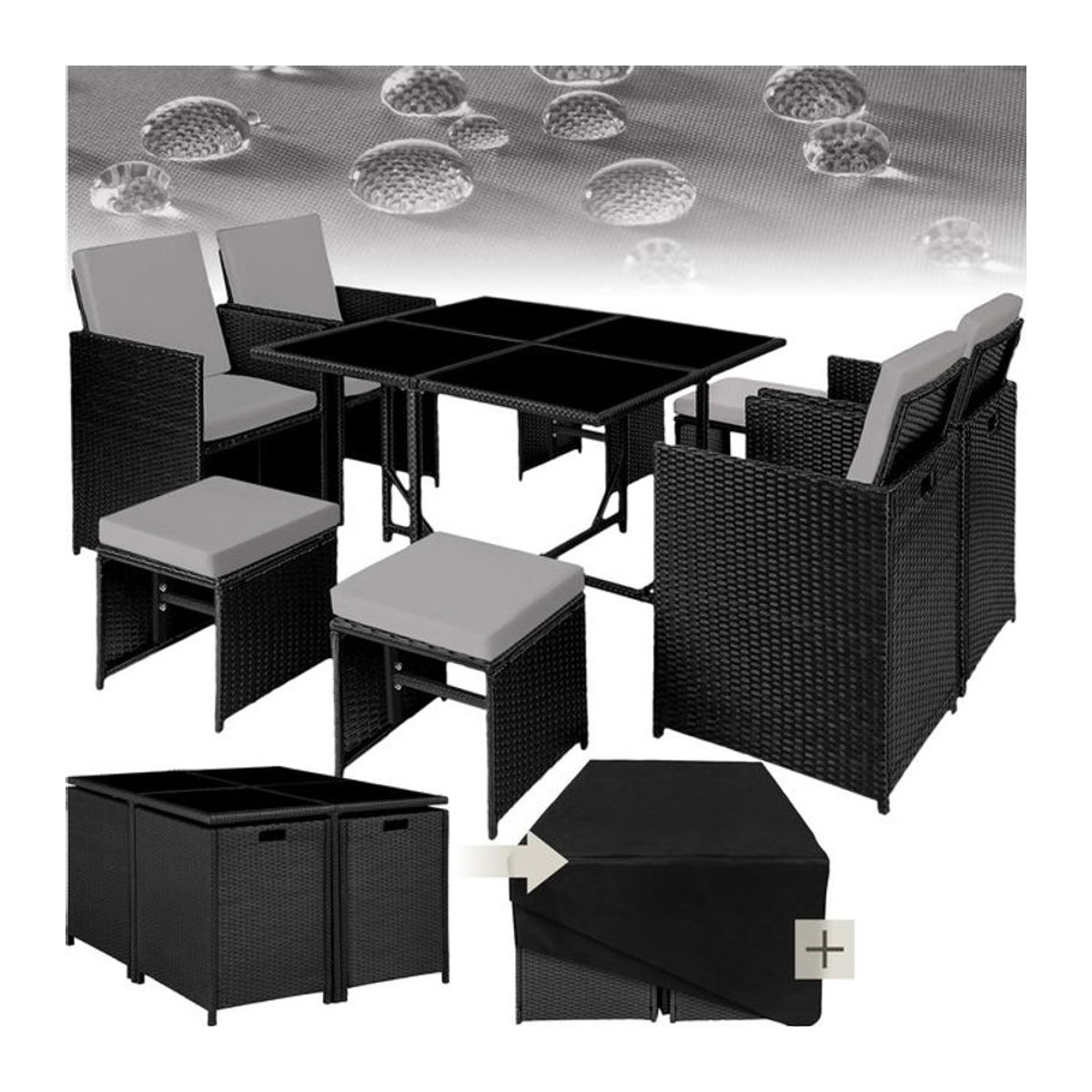 tectake® Polyrattan Gartenmöbel-Set in Schwarz für 4 bis 8 Personen inklusive Schutzhülle - Bild 1