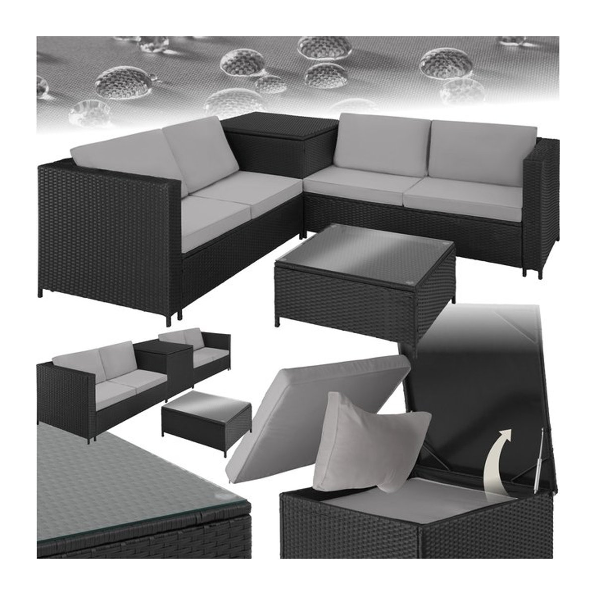 tectake Polyrattan Lounge-Set für 4 Personen in Anthrazit mit Sicherheitsglasplatte und Aufbewahrungsbox - Bild 1