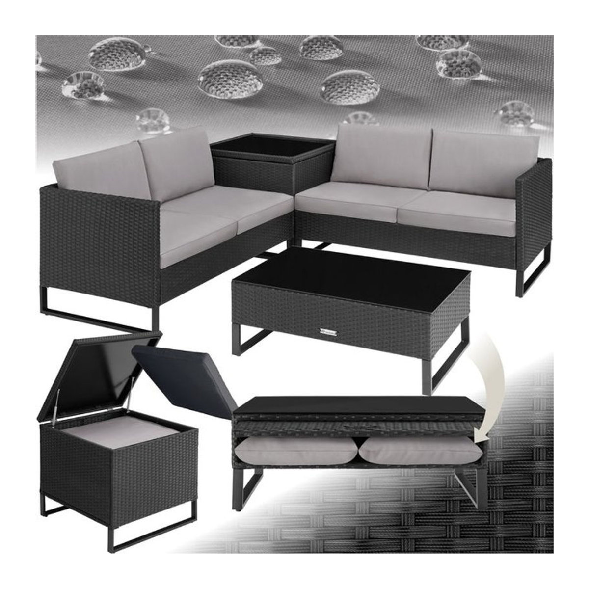 tectake Polyrattan Lounge Set für 4 Personen in Anthrazit mit Sicherheitsglasplatte und Aufbewahrungsbox - Bild 1