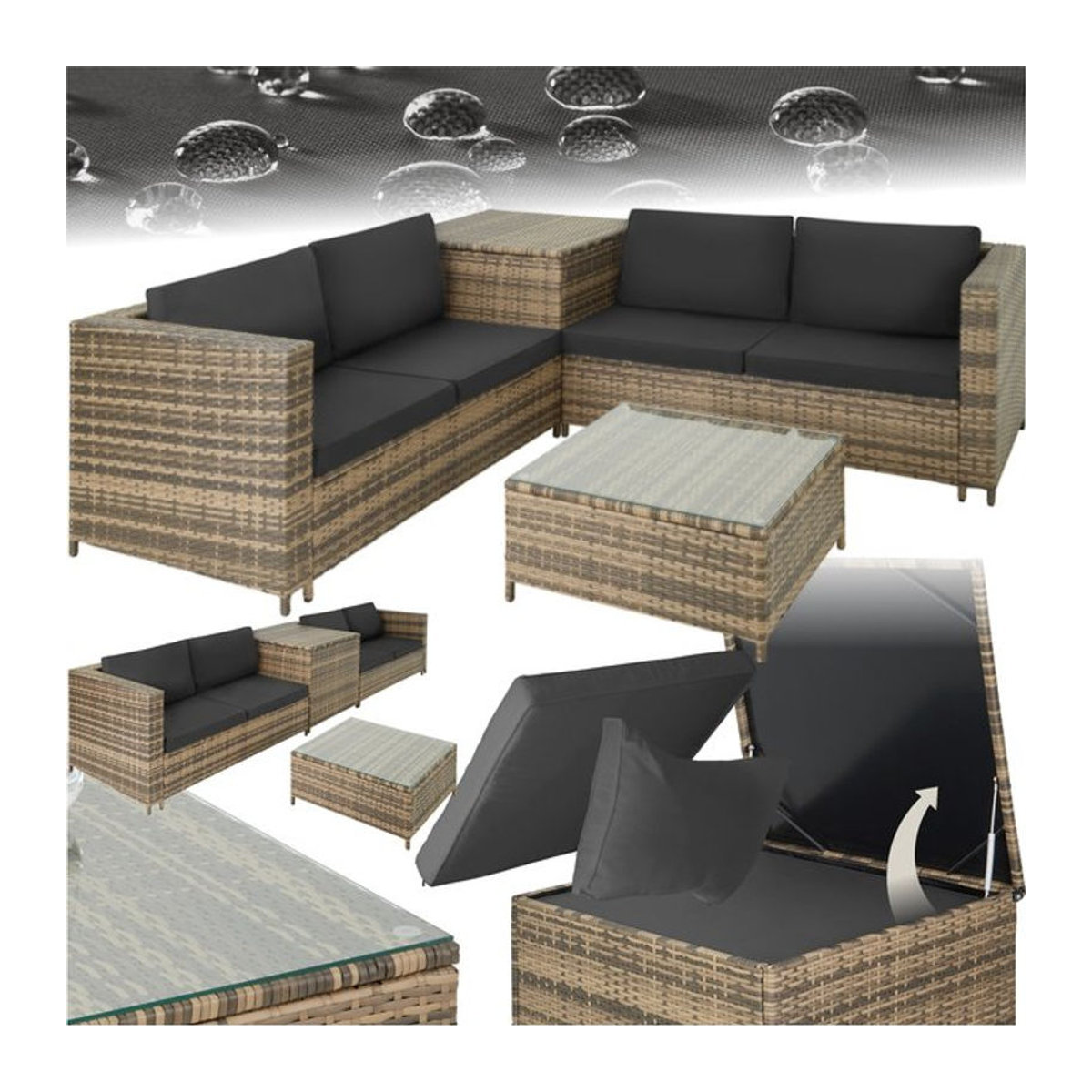 tectake Polyrattan Lounge-Set für 4 Personen in Braun mit Sicherheitsglasplatte und Aufbewahrungsbox - Bild 1