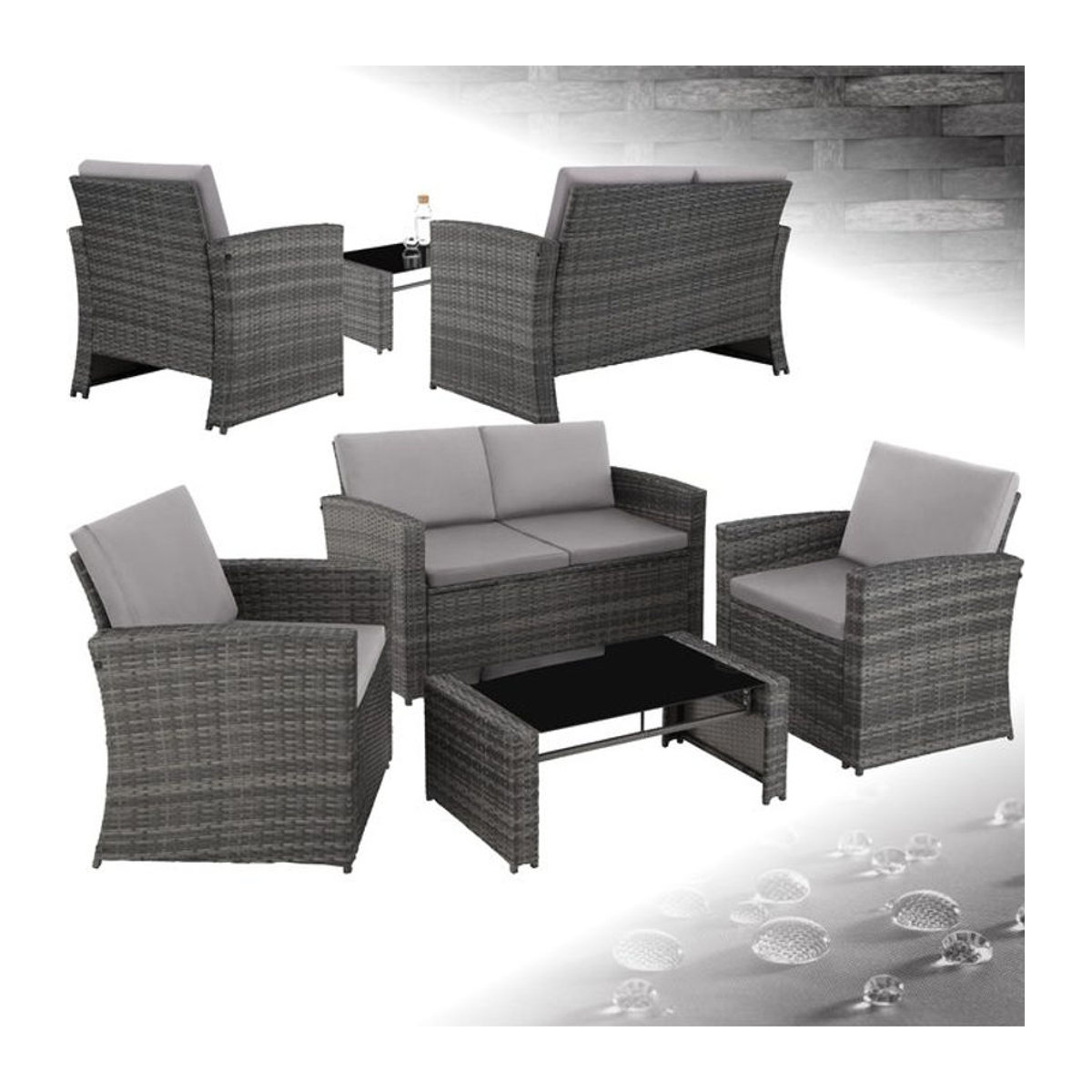 tectake Polyrattan Lounge-Set für 4 Personen in Grau mit Sicherheitsglasplatte - Bild 1