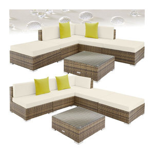 tectake Polyrattan Lounge Set in Beige mit Sicherheitsglasplatte und Loungemöbeln
