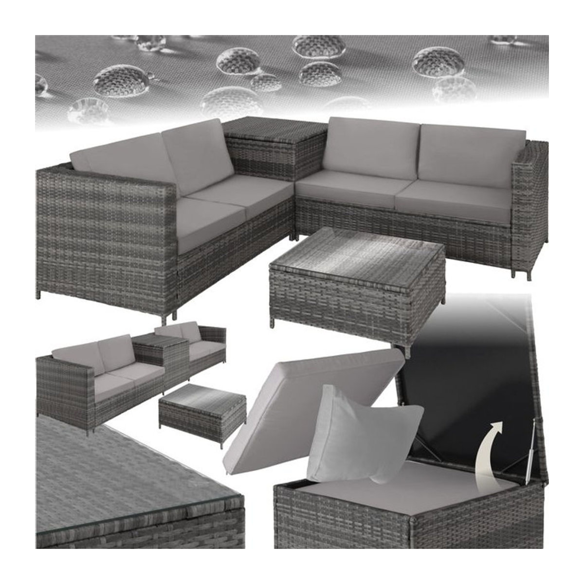 tectake Polyrattan Lounge-Set in Grau für 4 Personen mit Sicherheitsglasplatte und Aufbewahrungsbox - Bild 1