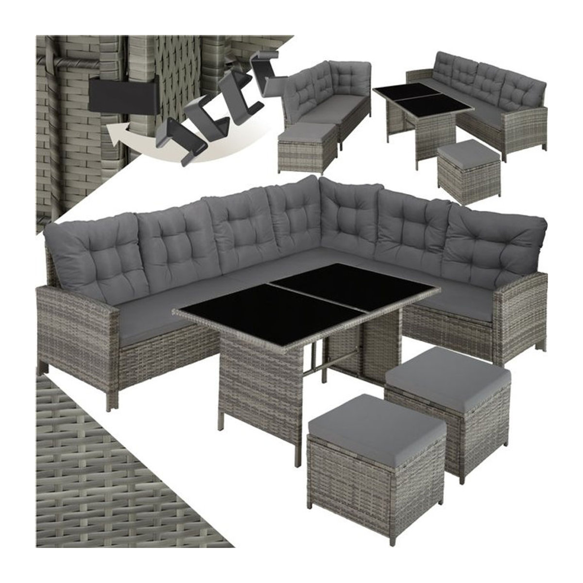 tectake Polyrattan Lounge Set in Grau für 6 bis 8 Personen mit Sicherheitsglasplatten - Bild 1