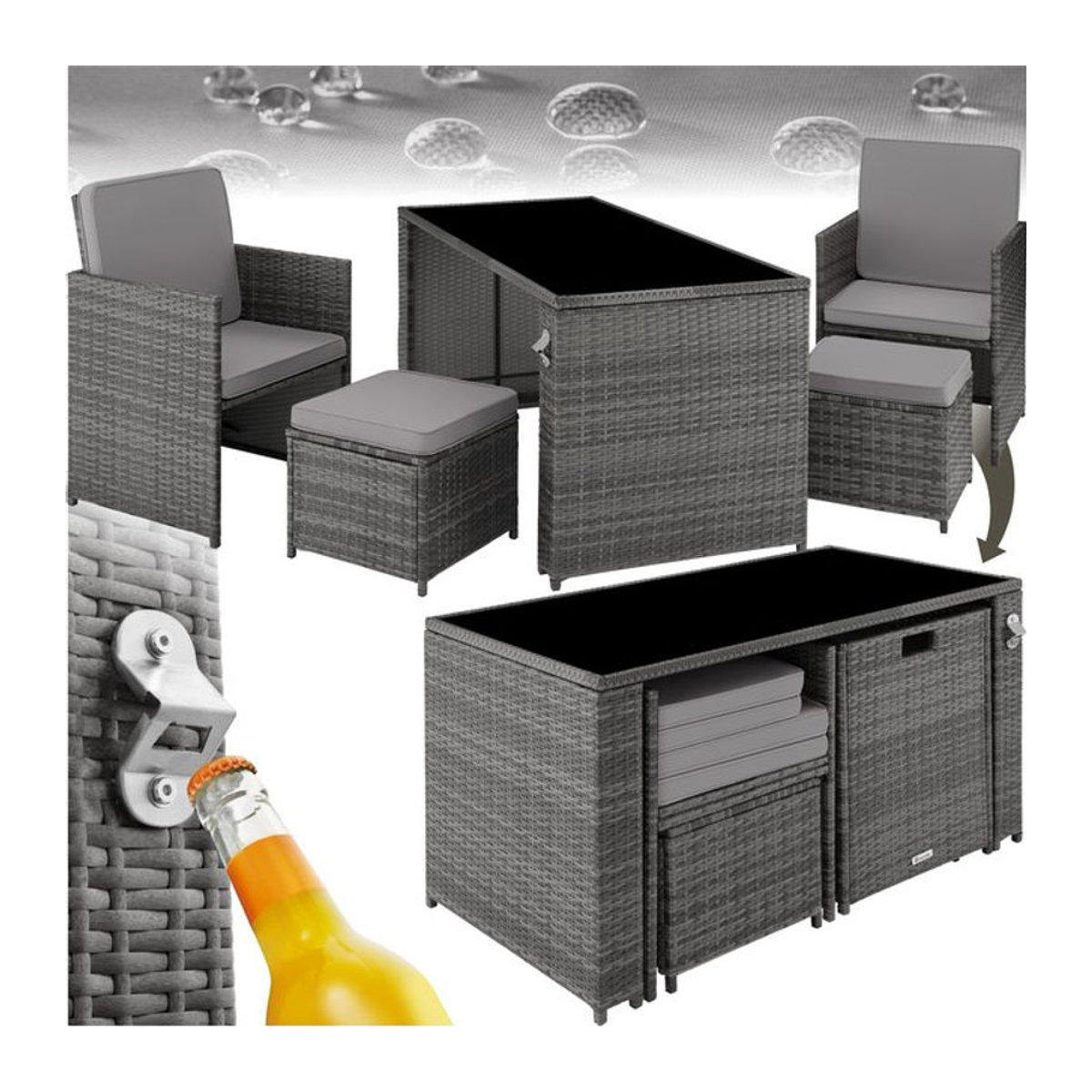 tectake Polyrattan Sitzgruppe Grau als Gartenmöbel-Set für 2 bis 4 Personen mit Flaschenöffner und zusammenschiebbarer Funktion - Bild 1