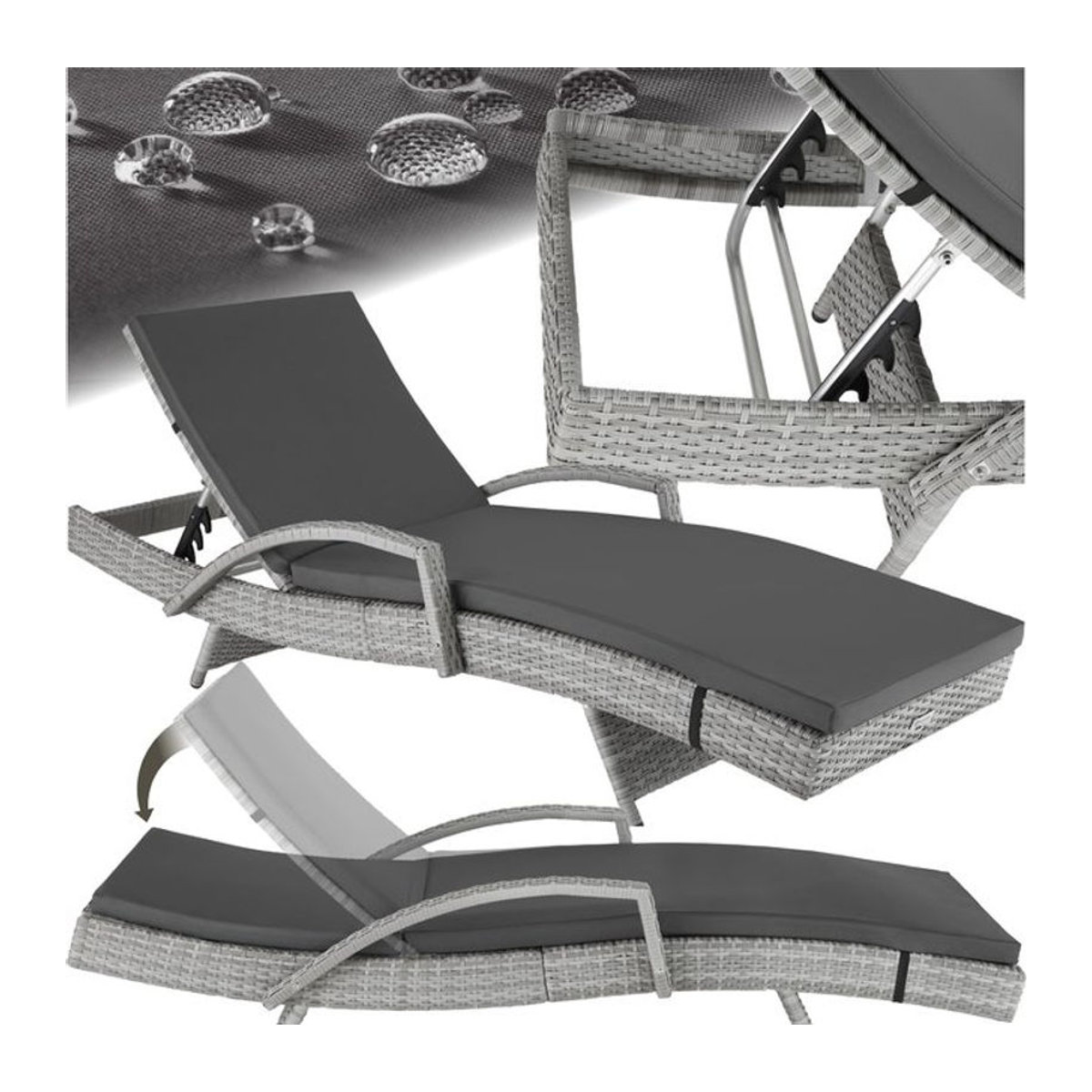 tectake Polyrattan Sonnenliege aus Aluminium in Grau mit abnehmbarer Polsterauflage, B/H/T: 190 x 34 – 74,5 x 71 cm - Bild 1