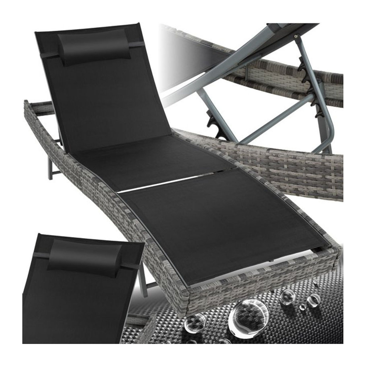 tectake Polyrattan Sonnenliege mit Mesh-Auflage in Schwarz, B/H/T: 69 x 41-94 x 211 cm - Bild 1