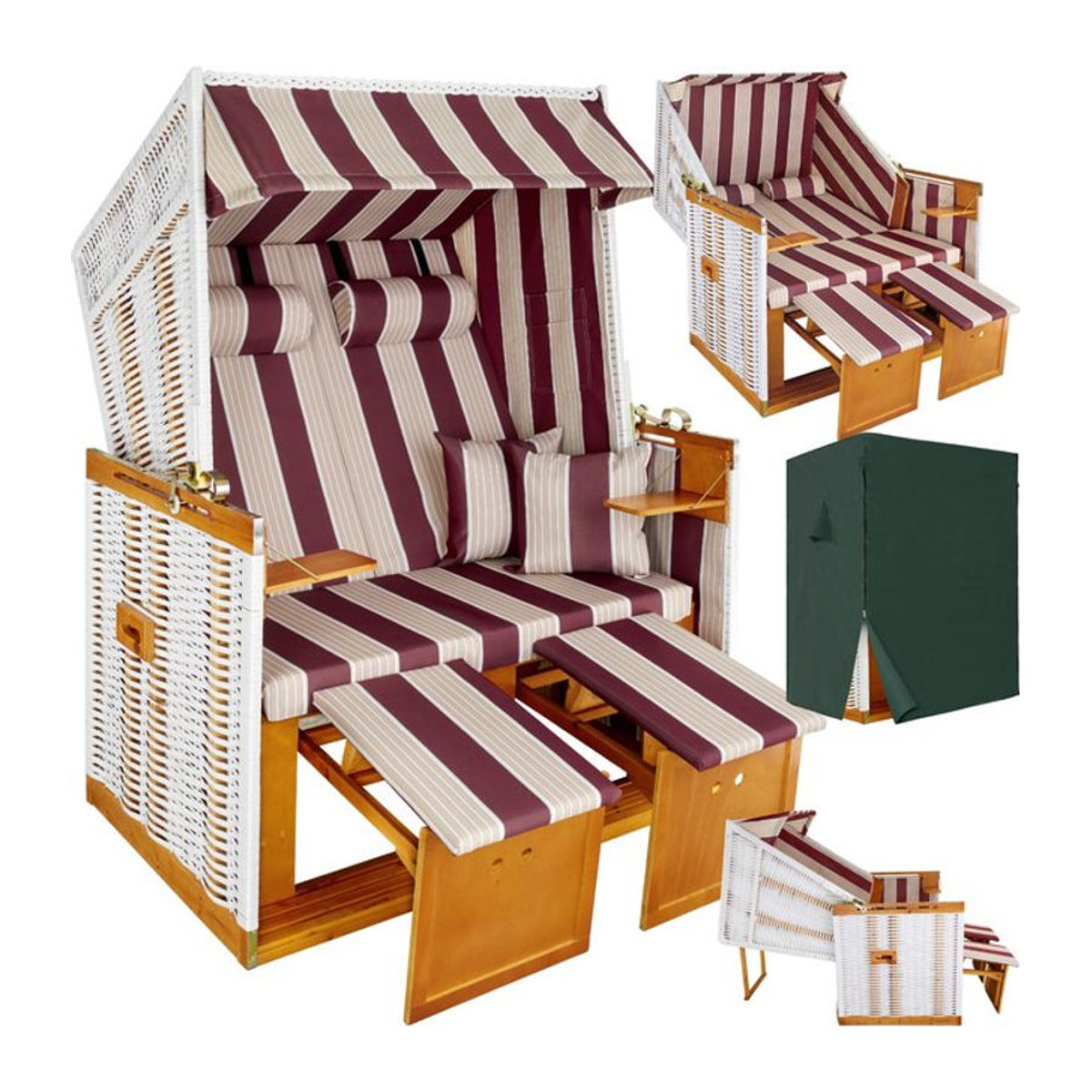 tectake Polyrattan Strandkorb mit Polsterung, ausziehbaren Fußbänkchen und klappbaren Seitentischen, B/T/H: 115 x 158 x 78 cm - Bild 1