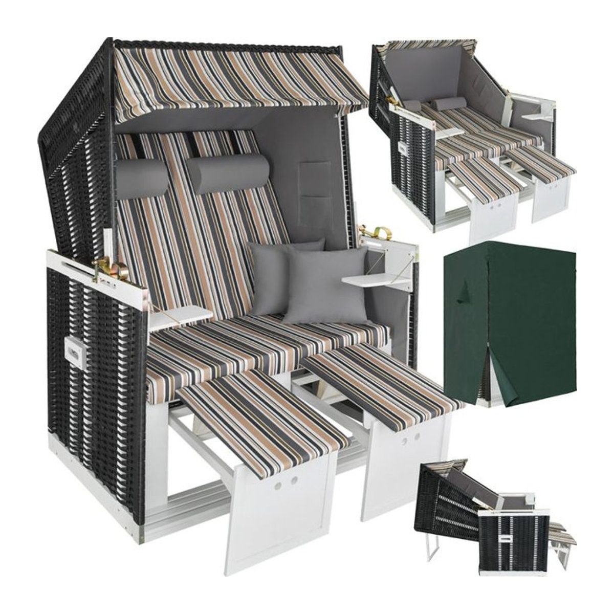 tectake Polyrattan Strandkorb mit Polsterung, ausziehbaren Fußbänkchen und klappbaren Seitentischen, B/T/H: 115 x 158 x 78 cm - Bild 1