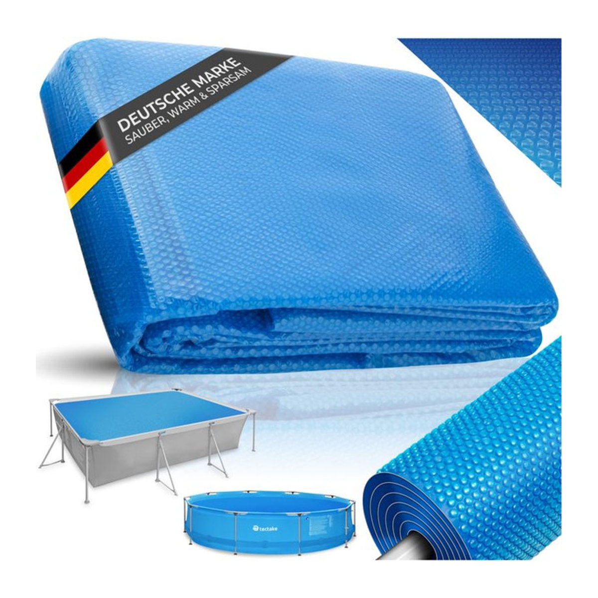 tectake Pool-Solarfolie Blau, rechteckig und selbstschwimmend, Stärke 110 µm, B: 366 cm, L: 732 cm - Bild 1