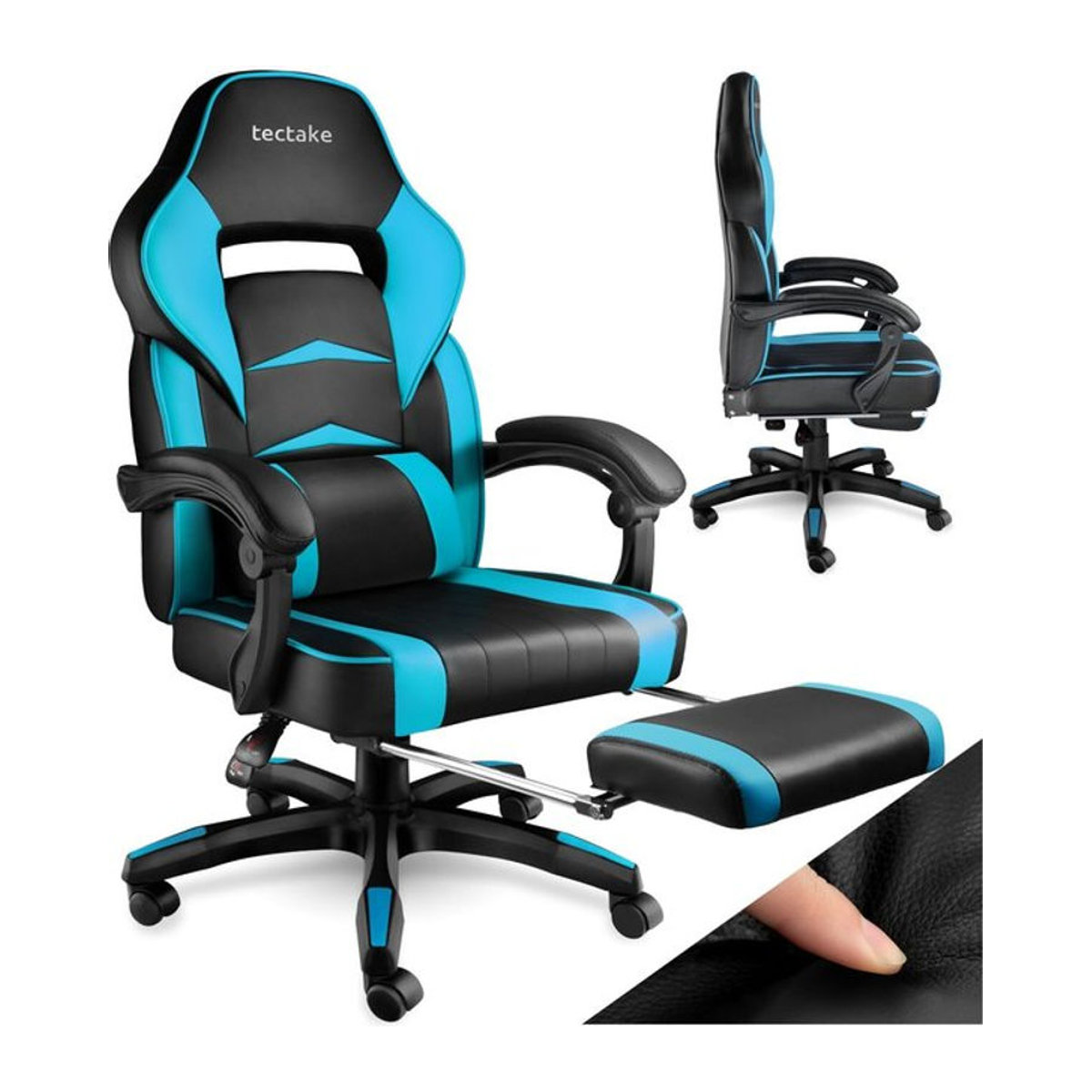 tectake Racing Gamingstuhl aus Kunstleder in Blau mit Fußstütze und Lendenkissen, Belastbarkeit 120 kg - Bild 1