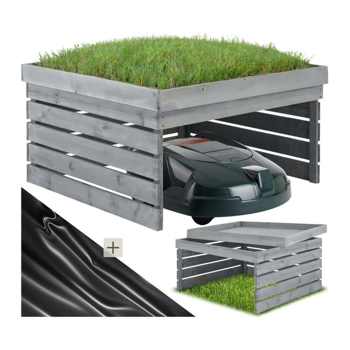 tectake Rasenmäher-Roboter-Garage aus gebeizten Kiefernlatten, wetterfest mit bepflanzbarem Dach, B/T/H: 84 x 78 x 46 cm - Bild 1