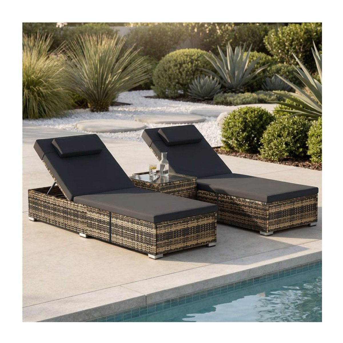 tectake Rattan-Doppelliege aus Polyrattan mit Tisch und Sicherheitsglasplatte in Braun - Bild 1