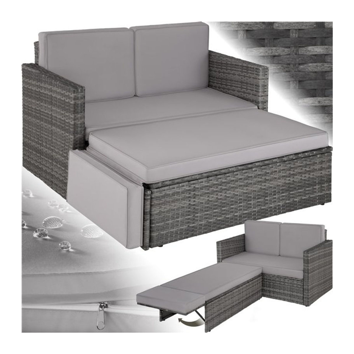 tectake Rattan Lounge 2-Sitzer mit UV-beständigem Hocker und klappbarer Stütze - Bild 1