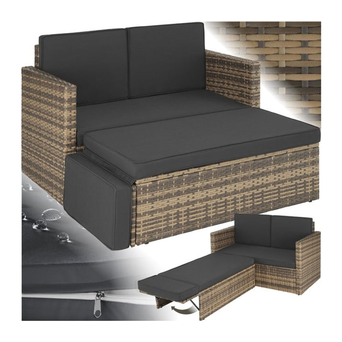 tectake Rattan Lounge 2-Sitzer mit UV-beständigem Hocker und klappbarer Stütze - Bild 1