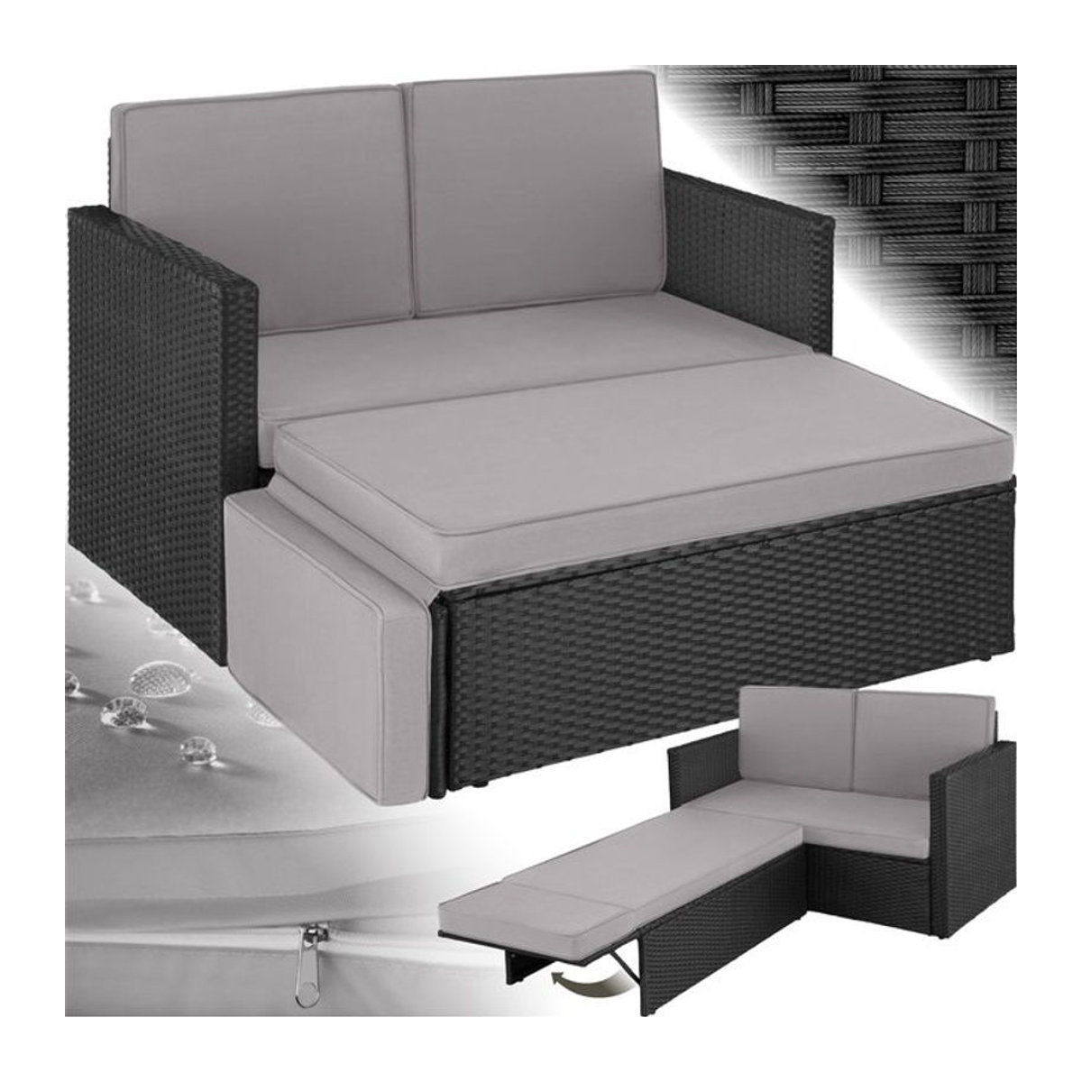 tectake Rattan Lounge 2-Sitzer mit UV-beständigem Hocker und klappbarer Stütze - Bild 1