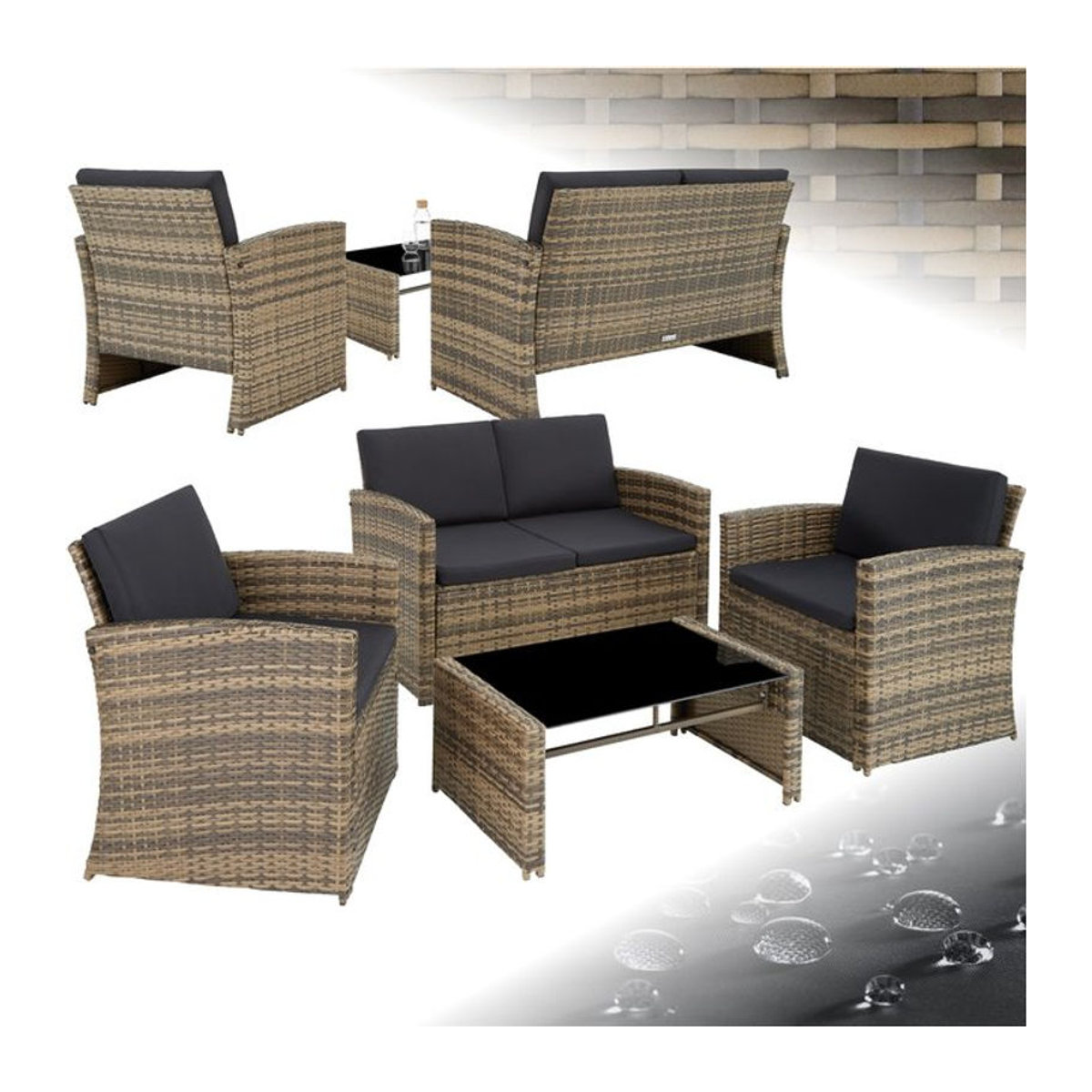 tectake Rattan Lounge für 4 Personen mit Sicherheitsglasplatte und UV-Beständigkeit - Bild 1