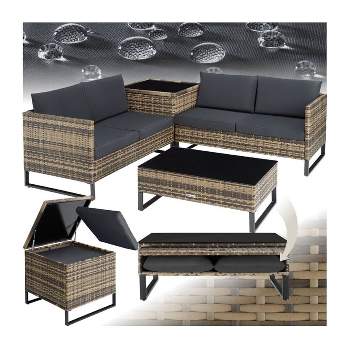 tectake Rattan Lounge Set für 4 Personen aus Polyrattan mit Sicherheitsglasplatte und Aufbewahrungsbox in Grau - Bild 1