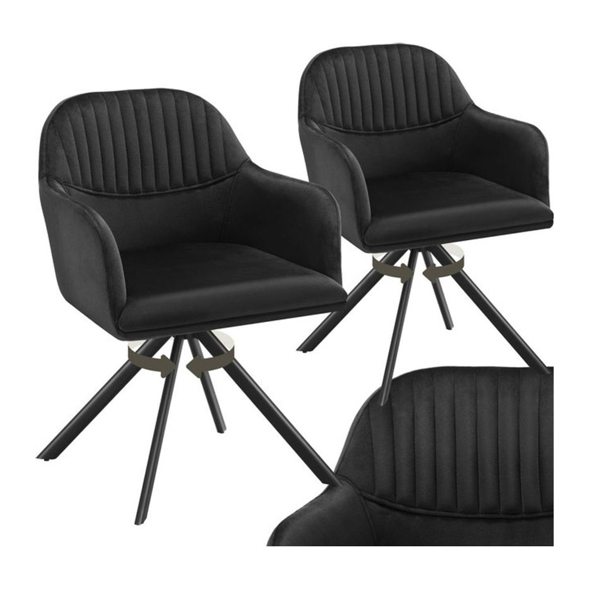 tectake Samt-Drehstuhl gepolsterter Polsterstuhl in Schwarz mit Stahlbeinen, B/T/H: 56 x 59 x 81 cm - Bild 1
