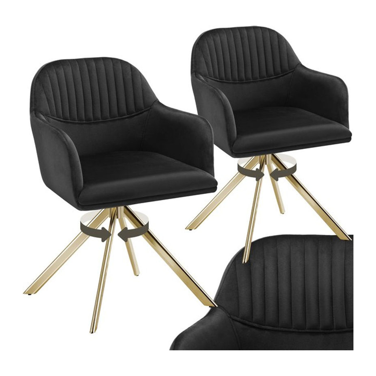 tectake Samt-Drehstuhl in Schwarz, gepolsterter Polsterstuhl mit Stahlbeinen, Modern, B/T/H: 56 x 59 x 81 cm - Bild 1