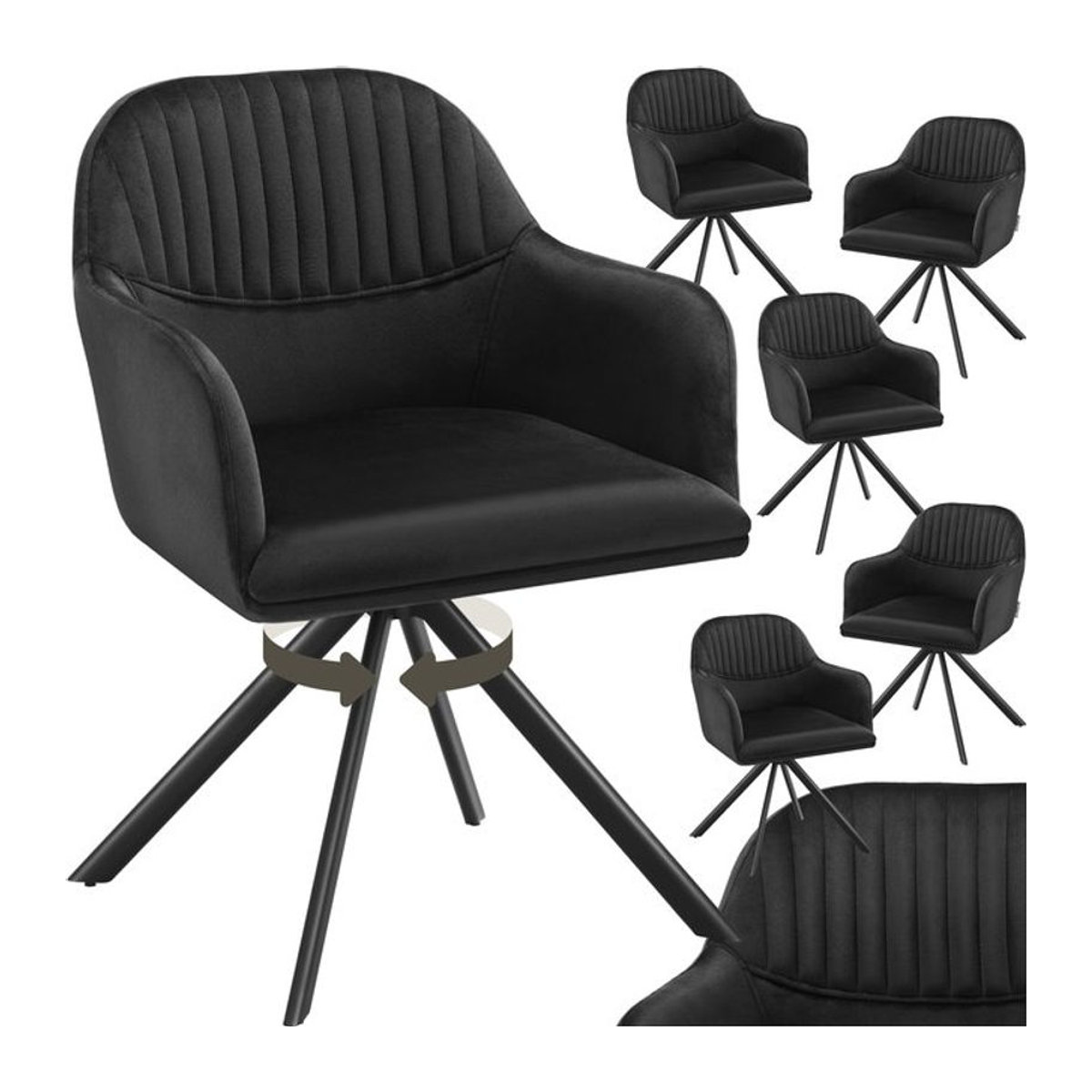 tectake Samt-Drehstuhl in Schwarz mit Stahlbeinen, gepolsterter moderner Drehstuhl, B/T/H: 56 x 59 x 81 cm - Bild 1
