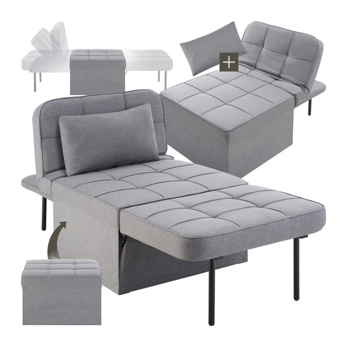 tectake Schlafhocker 4 in 1 als Hocker, Sessel, Lounger oder Bett in Grau mit stabilem Stahlgestell - Bild 1