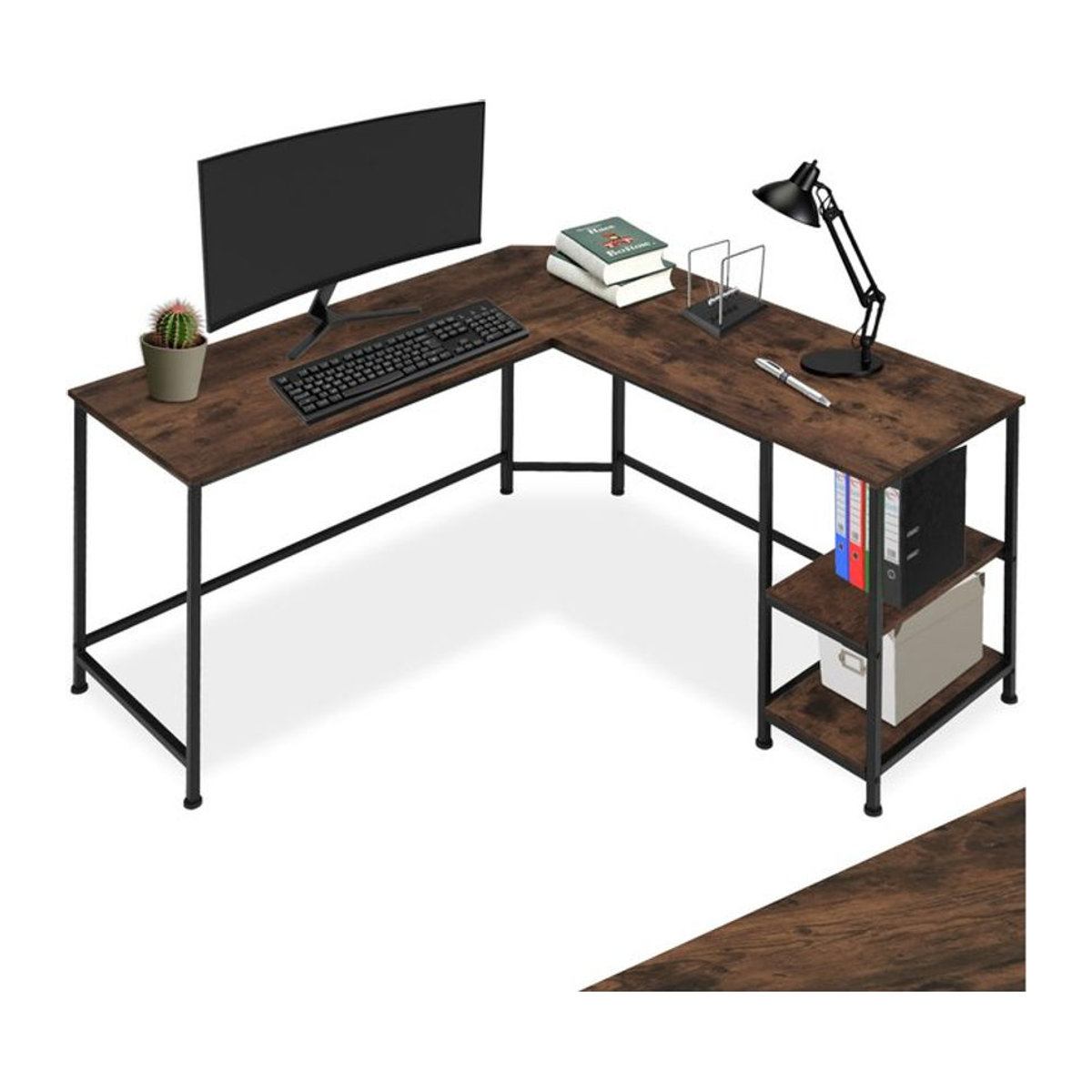 tectake Schreibtisch im Industrial Style aus Holz und Stahl mit Seitenregal und 2 Ablagefächern, B/T/H: 138 x 138 x 75,5 cm - Bild 1
