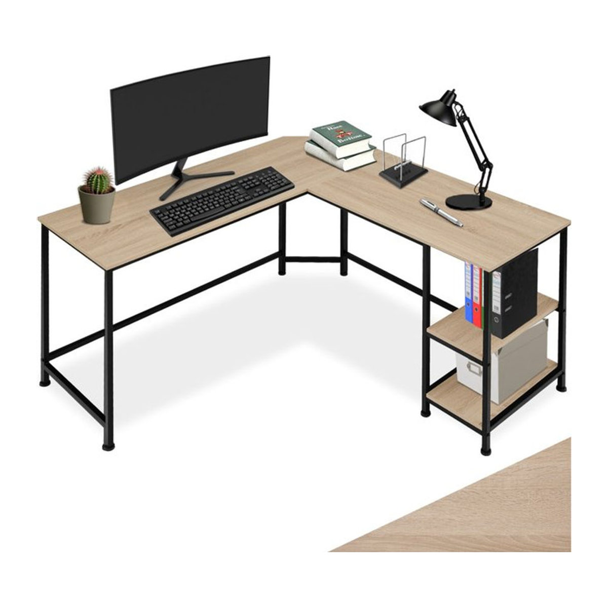 tectake Schreibtisch im Industrial Style aus Holz und Stahl mit Seitenregal und 2 Ablagefächern, Schwarz/Braun, B: 138 cm, T: 138 cm, H: 75,5 cm - Bild 1