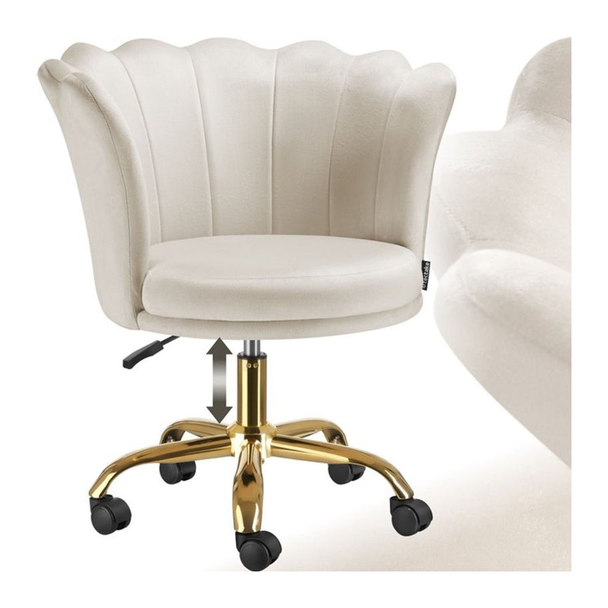 tectake Schreibtischstuhl als Drehstuhl mit Samtbezug in Beige, extrabreite Rückenlehne in Blütenform, B: 65 cm, T: 64 cm, H: 78 - 88 cm - Bild 1