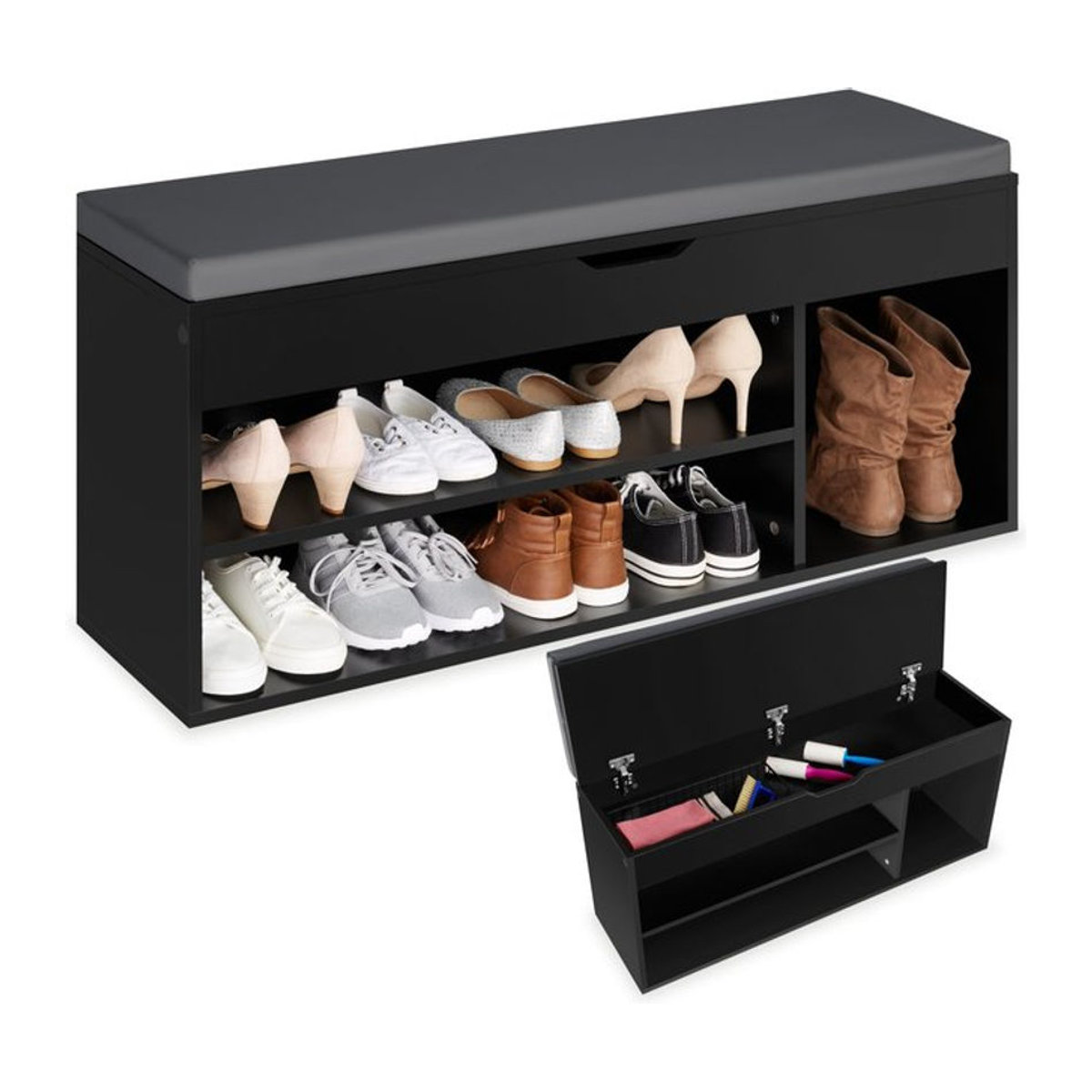 tectake Schuhbank Schwarz mit großem Klappfach für 9 Paar Schuhe, B/T/H: 104 x 30 x 49 cm - Bild 1