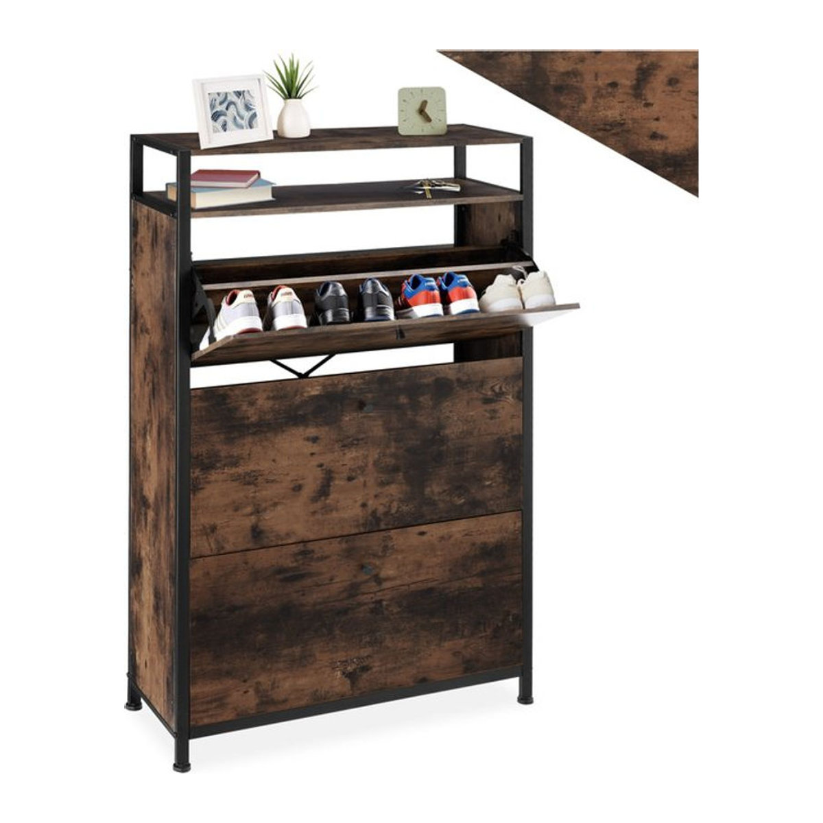 tectake Schuhschrank im Industrial Style mit 3 Drehtüren aus Holzwerkstoff und Metall, Schwarz/Braun, B: 81 cm, T: 32 cm, H: 130 cm - Bild 1