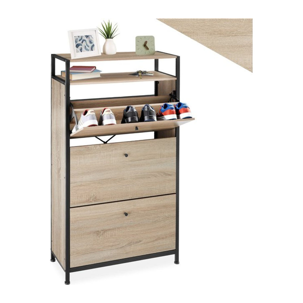 tectake Schuhschrank im Industrial Style mit 3 Klappen aus Metall und Holzwerkstoff, Schwarz, B: 61 cm, T: 32 cm, H: 130 cm - Bild 1