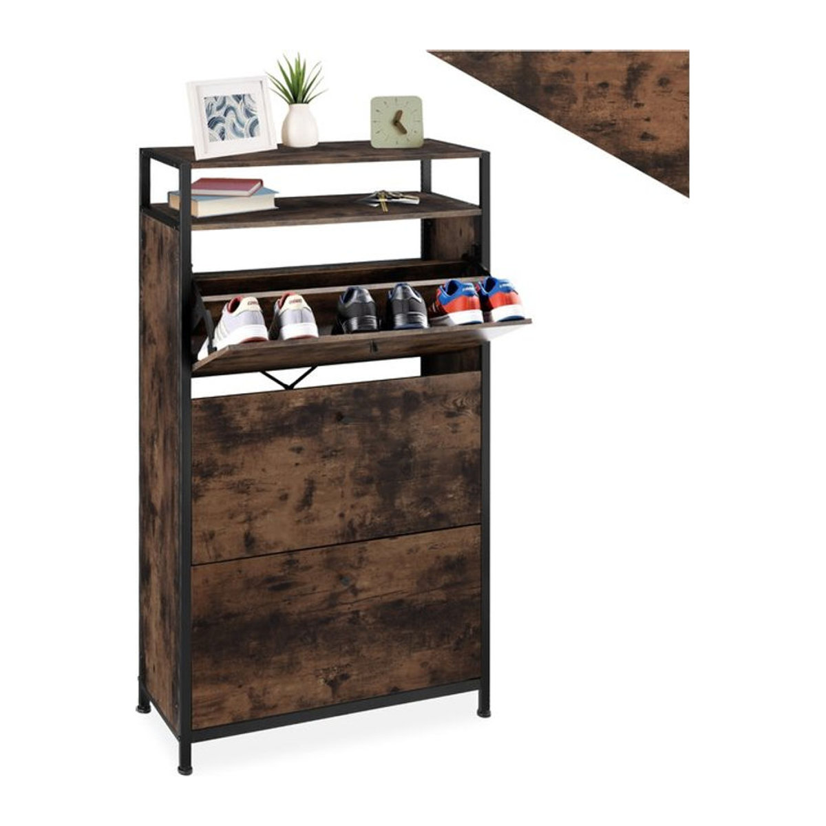 tectake Schuhschrank im Industrial Style mit 3 Klappen aus Metall und Holzwerkstoff, Schwarz/Braun, B/T/H: 61 x 32 x 130 cm - Bild 1