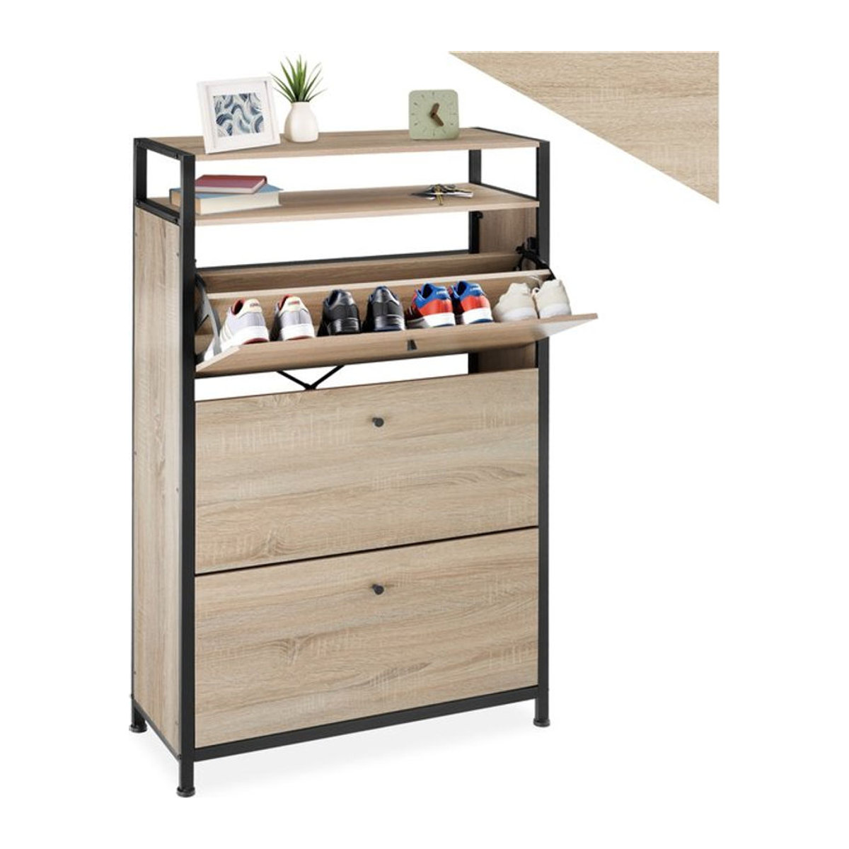 tectake Schuhschrank Industrial Style in Schwarz mit 3 Drehtüren aus Holzwerkstoff und Metall, B/T/H: 81 x 32 x 130 cm - Bild 1