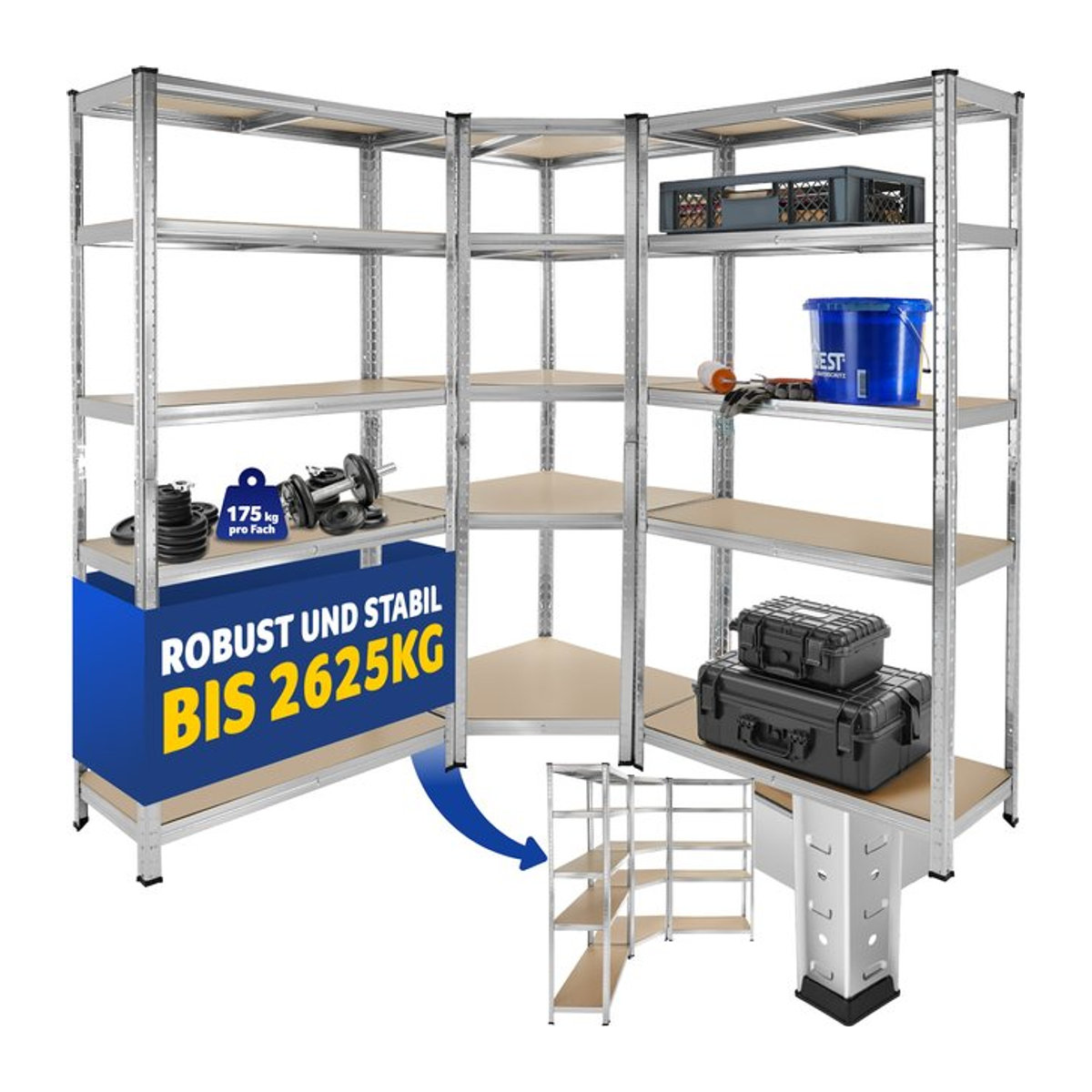 tectake Schwerlastregalsystem 3-teilig als Werkbank mit 15 höhenverstellbaren MDF-Böden, silber, Gesamtbelastbarkeit 2625 kg - Bild 1