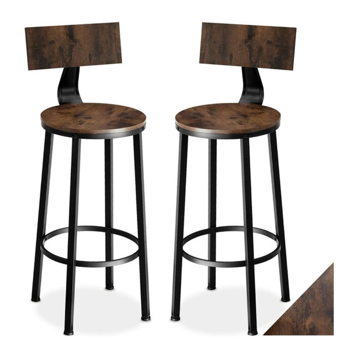tectake Set Barhocker im Industrial Design mit Rückenlehne aus Holz und Stahl in Nussbaum mit Sitzhöhe 73 cm und 74 cm - Bild 1