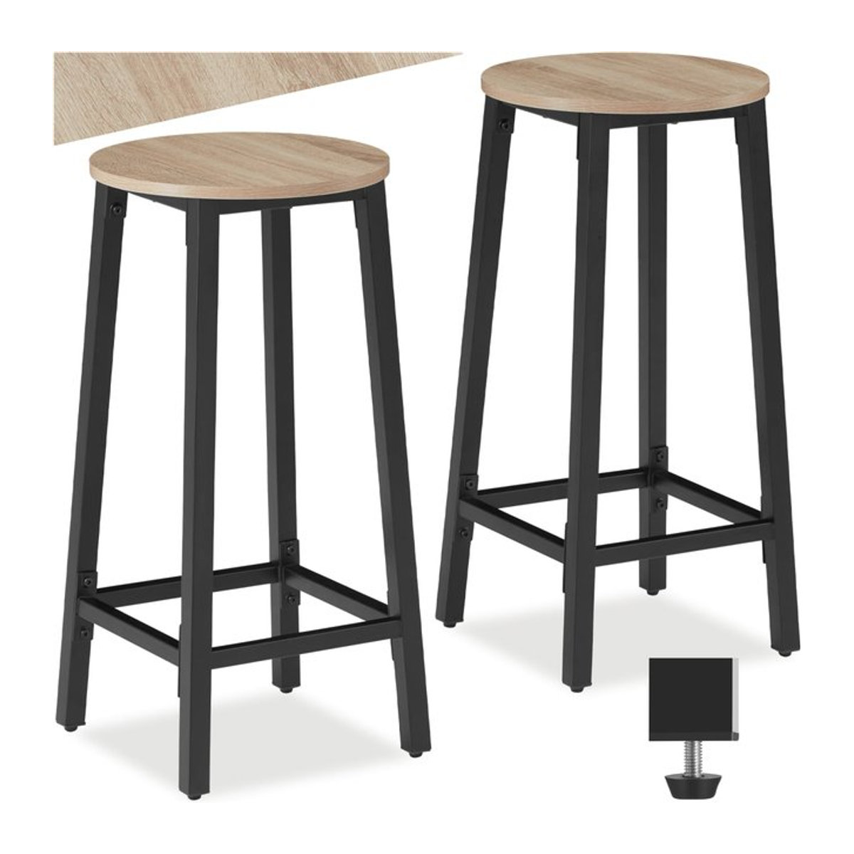 tectake Set Barhocker Industrial Style in Schwarz aus Metall und Kunststoff mit höhenverstellbaren Kunststofffüßen, Sitzhöhe: 66 cm - Bild 1