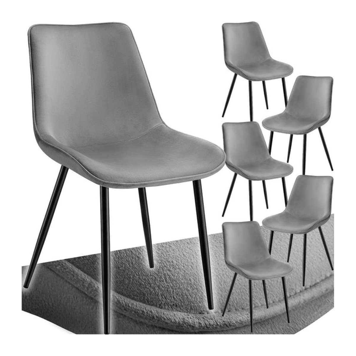 tectake Set gepolsterte Stühle in Samtoptik in Schwarz und Grau mit modernen schwarzen Stahlbeinen B/T/H: 48 x 59 x 82,5 cm - Bild 1