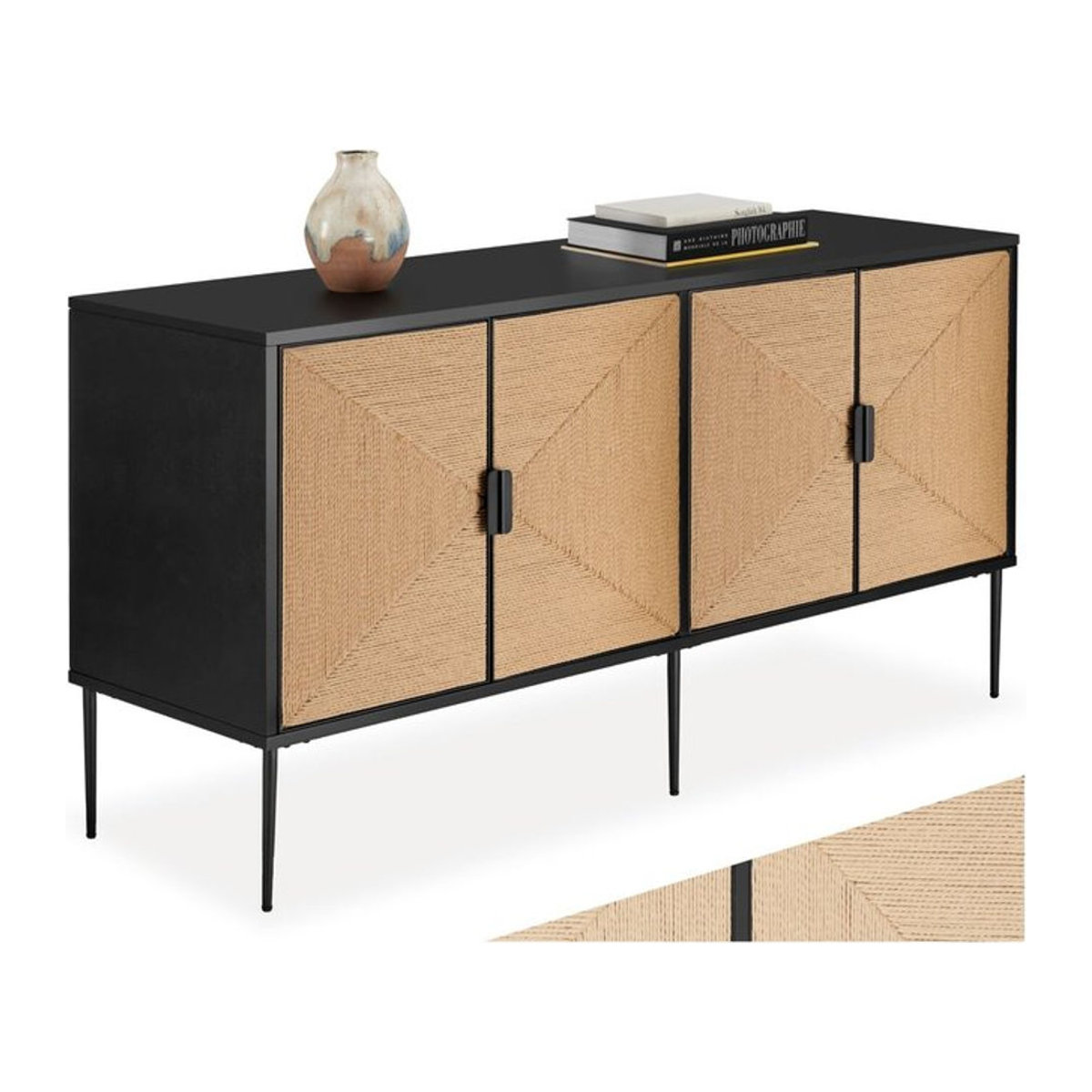 tectake Sideboard im Bohemian-Stil mit Jute-Optik und Softclose-Scharnieren, B/T/H: 150 x 47 x 77 cm, Beige/Schwarz - Bild 1