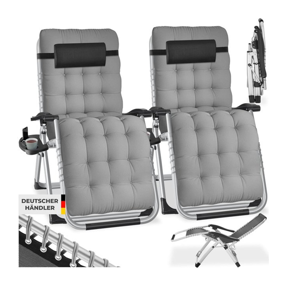 tectake Sonnenliege klappbar in Grau mit abnehmbarem Sitz- und Kopfpolster sowie Ablagetisch, B/T/H: 84 x 168 x 82,5 cm - Bild 1