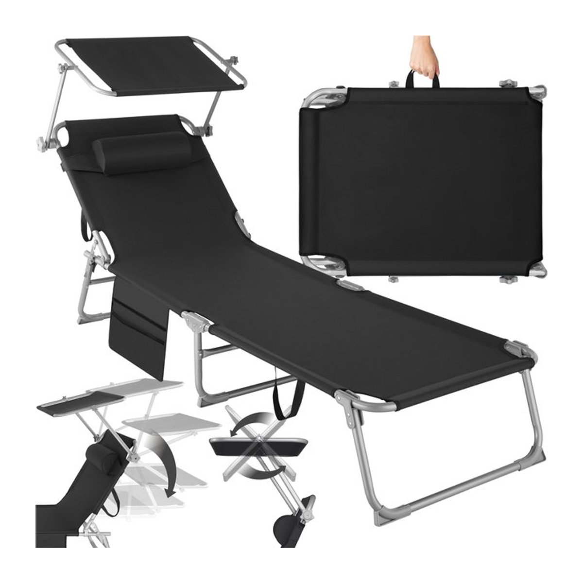 tectake Sonnenliege klappbar in Schwarz mit 4-fach verstellbarer Rückenlehne, Kopfpolster und Seitentasche, B/T/H: 190 x 68 x 28 cm - Bild 1